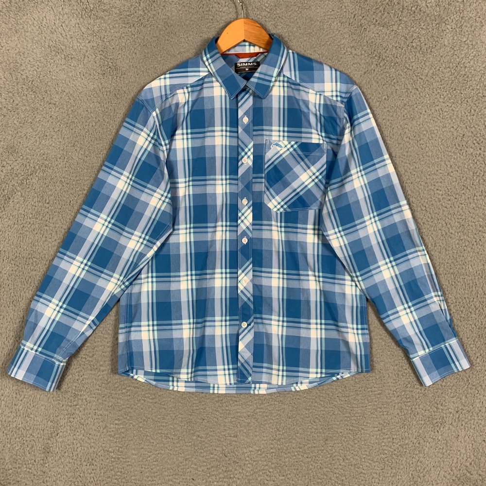 Simms Gallatin Plaid Fishing Shirt Men's Medium M Blue Long Sleeve Performance